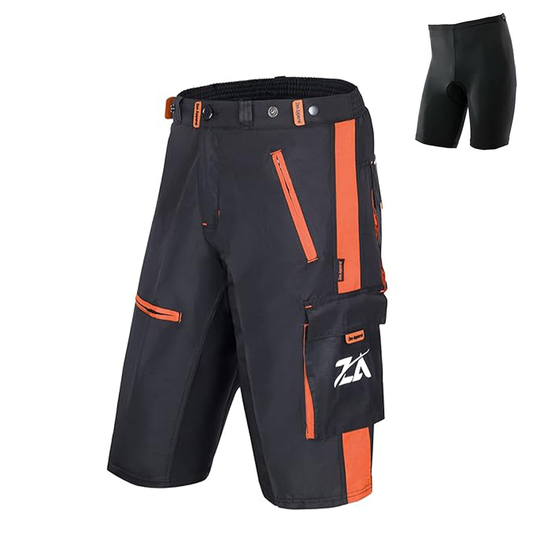 Men’s Black & Orange MTB Cycling Shorts with Padded Inner | Breathable Riding Shorts