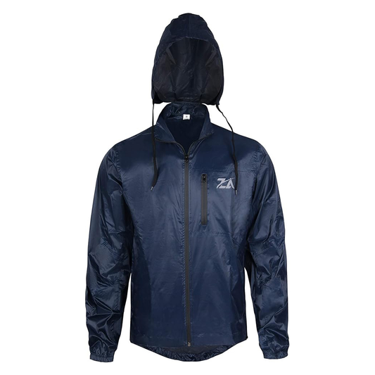 Unisex Dark Blue Waterproof Rain Jacket with Hood | Lightweight Windbreaker with Zip Pockets