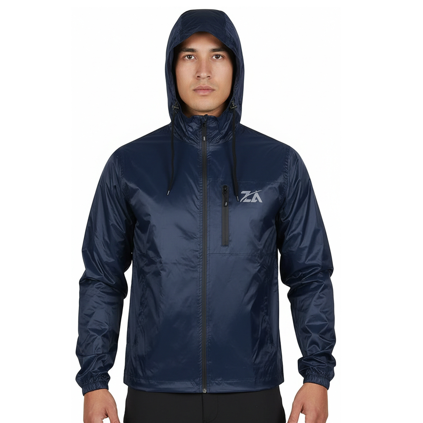 Unisex Dark Blue Waterproof Rain Jacket with Hood | Lightweight Windbreaker with Zip Pockets
