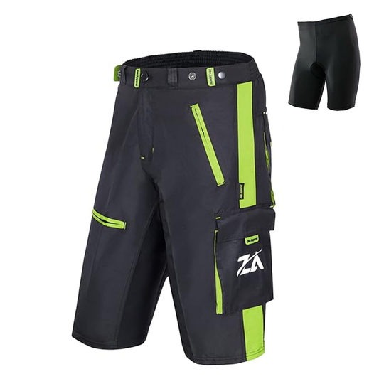 Men’s Black & Green MTB Cycling Shorts with Padded Inner | Breathable Riding Shorts